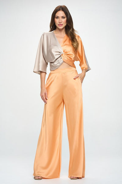 Stretch Satin Pants w/ Elastic Waist and Pockets