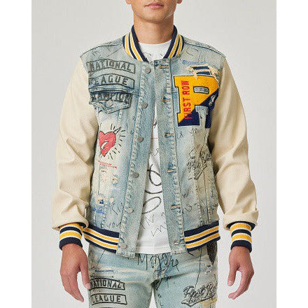 HAND DRAWING LEATHER SLEEVES DENIM VARSITY JACKET