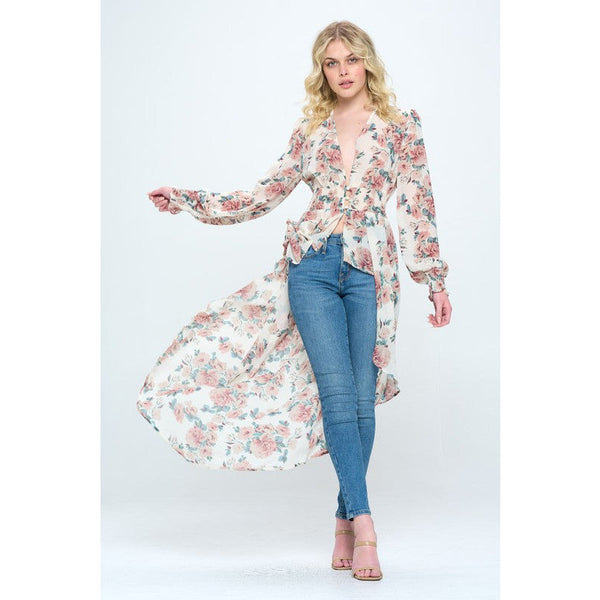 Chiffon floral long sleeve hi low Duster kimono