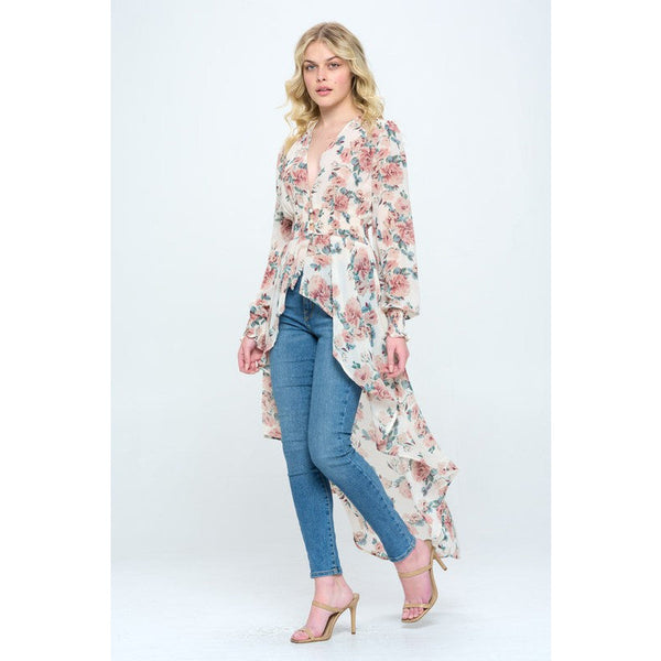 Chiffon floral long sleeve hi low Duster kimono