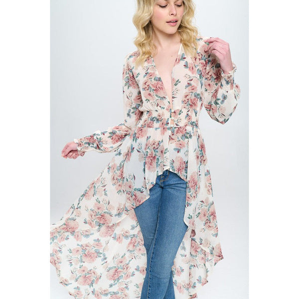 Chiffon floral long sleeve hi low Duster kimono