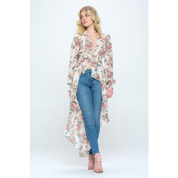 Chiffon floral long sleeve hi low Duster kimono