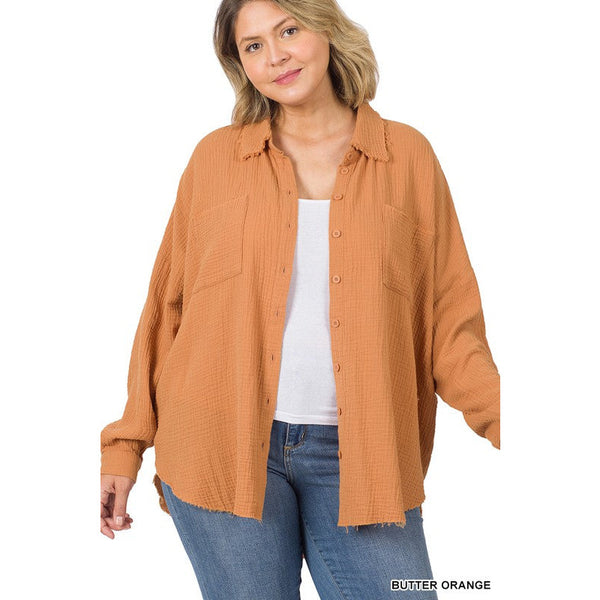 PLUS OVERSIZED RAW EDGE SHIRT
