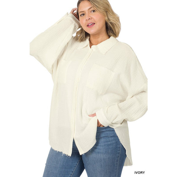 PLUS OVERSIZED RAW EDGE SHIRT