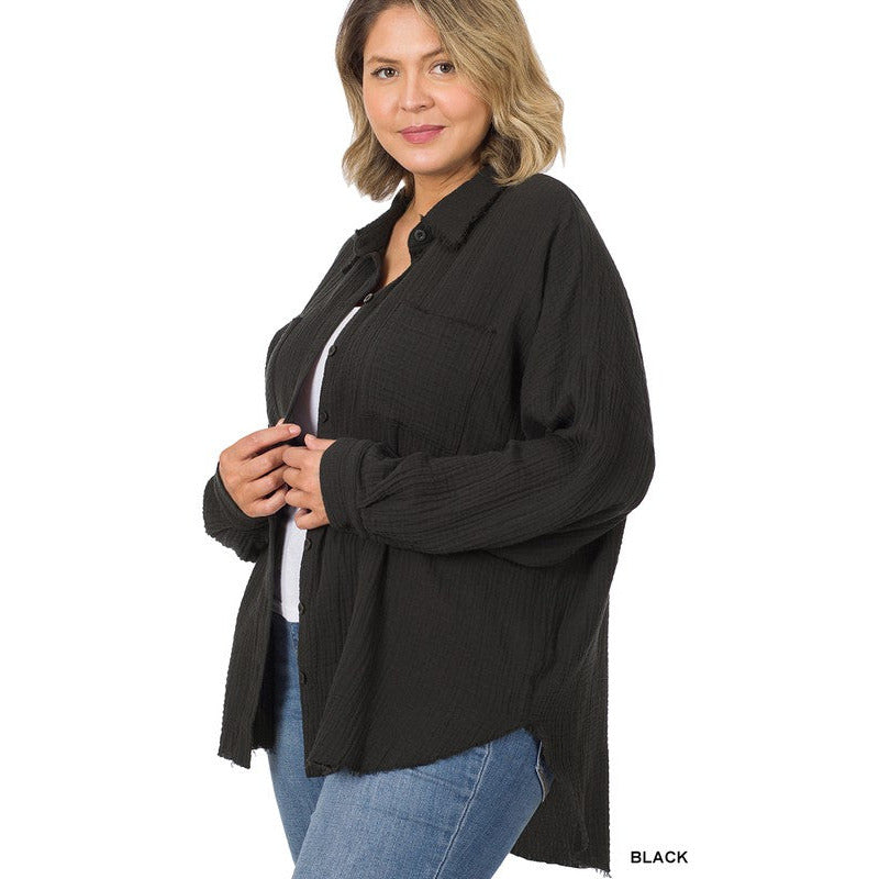 PLUS OVERSIZED RAW EDGE SHIRT