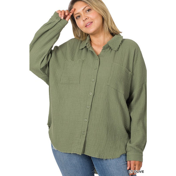 PLUS OVERSIZED RAW EDGE SHIRT