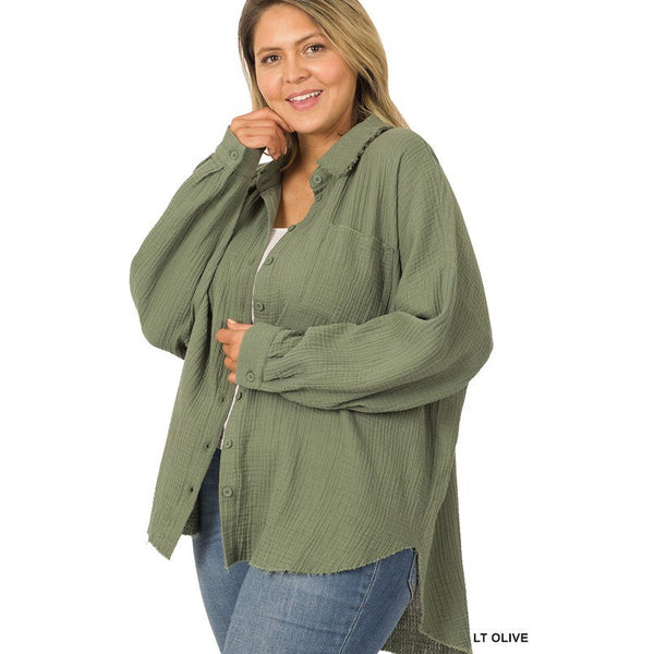 PLUS OVERSIZED RAW EDGE SHIRT